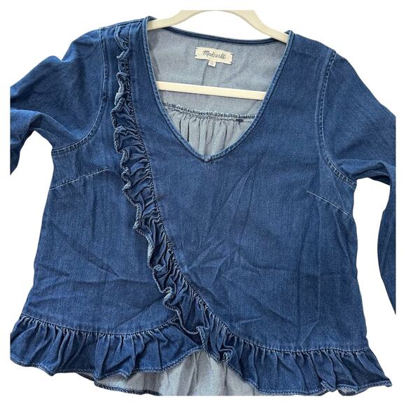 Madewell Womens Size(S) Blue Denim Ruffle Detail Cotton Blouse Top Cropped - Picture 5 of 8